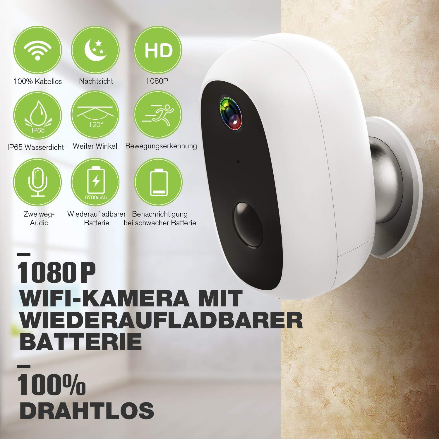 1080P Wireless Überwachungskamera Wiederaufladbarer Akku WiFi Indoor Outdoor 