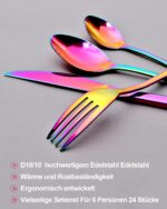 Regenbogen, Schwarz, Silber Edelstahl 24-teiliges Besteckset für 6 Personen, Geschirr, Tafelbesteck, Edelstahlbesteck, Festbesteck, Besteckgarnitur, Campingbesteck, Spülmaschinenfestes, Eleganten Holzbox – Bild 6