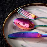 Regenbogen, Schwarz, Silber Edelstahl 24-teiliges Besteckset für 6 Personen, Geschirr, Tafelbesteck, Edelstahlbesteck, Festbesteck, Besteckgarnitur, Campingbesteck, Spülmaschinenfestes, Eleganten Holzbox – Bild 8