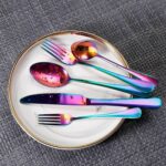 Regenbogen, Schwarz, Silber Edelstahl 24-teiliges Besteckset für 6 Personen, Geschirr, Tafelbesteck, Edelstahlbesteck, Festbesteck, Besteckgarnitur, Campingbesteck, Spülmaschinenfestes, Eleganten Holzbox – Bild 10