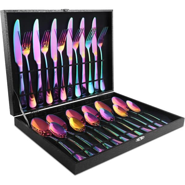 Regenbogen, Schwarz, Silber Edelstahl 24-teiliges Besteckset für 6 Personen, Geschirr, Tafelbesteck, Edelstahlbesteck, Festbesteck, Besteckgarnitur, Campingbesteck, Spülmaschinenfestes, Eleganten Holzbox