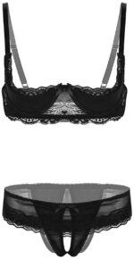 TiaoBug Damen Spitzen BH Regulierbare Träger Ouvert Dessous Unterwäsche Sets Push Up Bra und String Tanga offener Schritt Erotik Reizwäsche – Bild 8