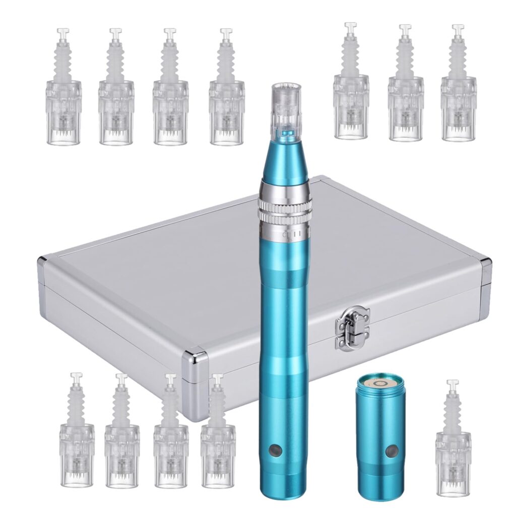 BOWKA Elektrischer Derma Pen Microneedling Pen inkl.12 Stück Mikro Derma Elektroantrieb Roller Nadelpatrone kabellos Wiederaufladbar verstellbar von 0,25 bis 2,5 mm