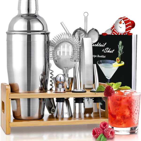 Cocktail Shaker Set – 15-teiliges Edelstahl Bar-Set mit Bambusständer & Rezeptbuch