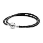 Pandora Moments Armband, schwarzes Leder, zweifach gewickelt, Sterling Silber