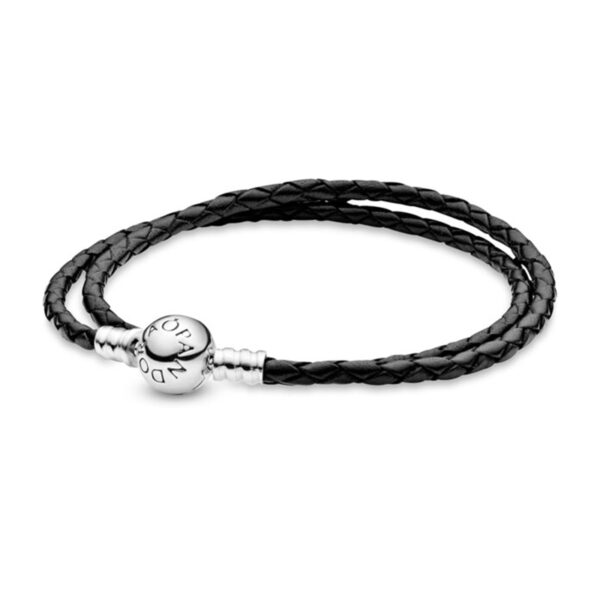 Pandora Moments Armband, schwarzes Leder, zweifach gewickelt, Sterling Silber