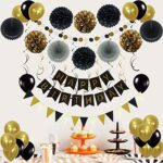 Zerodeco Geburtstagsdeko, Happy Birthday Wimpelkette Banner Girlande mit Pompoms Papier Girlande Fans Fächer Dreieckige Wimpel Spiral Girlanden und Luftballon - Schwarz und Gold – Bild 4