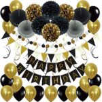 Zerodeco Geburtstagsdeko, Happy Birthday Wimpelkette Banner Girlande mit Pompoms Papier Girlande Fans Fächer Dreieckige Wimpel Spiral Girlanden und Luftballon - Schwarz und Gold