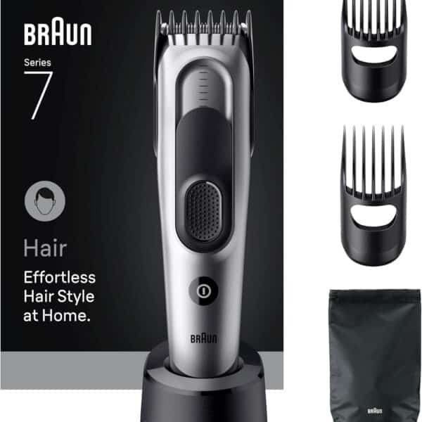 Braun Series 7 Haarschneider HC7590 – Herren Haartrimmer mit 17 Längen & 5 Aufsätzen, Abwaschbar, Grau