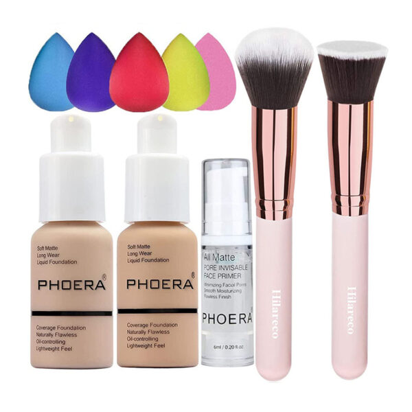 PHOERA Foundation (Nude #102 + Buff Beige #104) & Makeup Primer, Concealer Cover Flüssigmatt Full Coverage, Foundation Pinsel and Puder Pinsel, 5 teiliges Schwamm Set,Value Pack 10 PCS