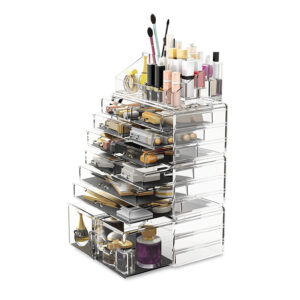 Readaeer 4 Teilig Makeup Organizer/Kosmetik Aufbewahrungsbox/Schmink Aufbewahrungskasten mit Schubladen in verschiedenen Grössen, ist für Schlafzimmer und Badzimmer geeignet (Transparent)