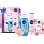 NIVEA Love & Care Geschenkset, verwöhnendes Pflegeset für Körper, Gesicht und Lippen, Beauty Set mit Duschgel, Body Lotion, Maske, Labello und kühlenden Augenpads