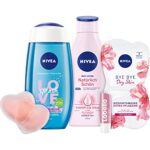 NIVEA Love & Care Geschenkset, verwöhnendes Pflegeset für Körper, Gesicht und Lippen, Beauty Set mit Duschgel, Body Lotion, Maske, Labello und kühlenden Augenpads – Bild 4