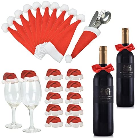Weihnachts Tischdeko Weihnachtsmannmützen und Schleifen, 10 mal Bestecktasche, 10 mal Deko für Weingläser