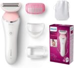 Philips SatinShave Advanced Elektrischer Nass- und Trockenrasierer BRL140/00 - Ladyshaver inkl. 4 Zubehörteile, federnde Scherfolie für gleichmässige Rasur, gründlich und sanft, weiss/ rosa
