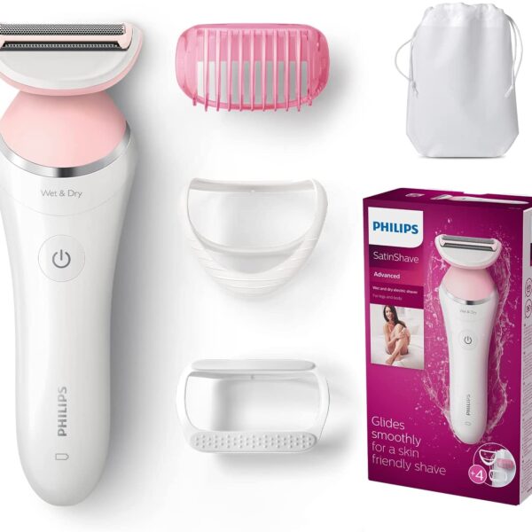 Philips SatinShave Advanced Elektrischer Nass- und Trockenrasierer BRL140/00 - Ladyshaver inkl. 4 Zubehörteile, federnde Scherfolie für gleichmässige Rasur, gründlich und sanft, weiss/ rosa