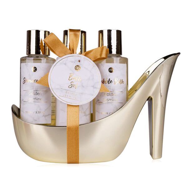 accentra MARBLE Badeset Geschenkset in wunderschönem, goldenem Pumps 4-teiliges Badeset Beautyset Pflegeset Duschset
