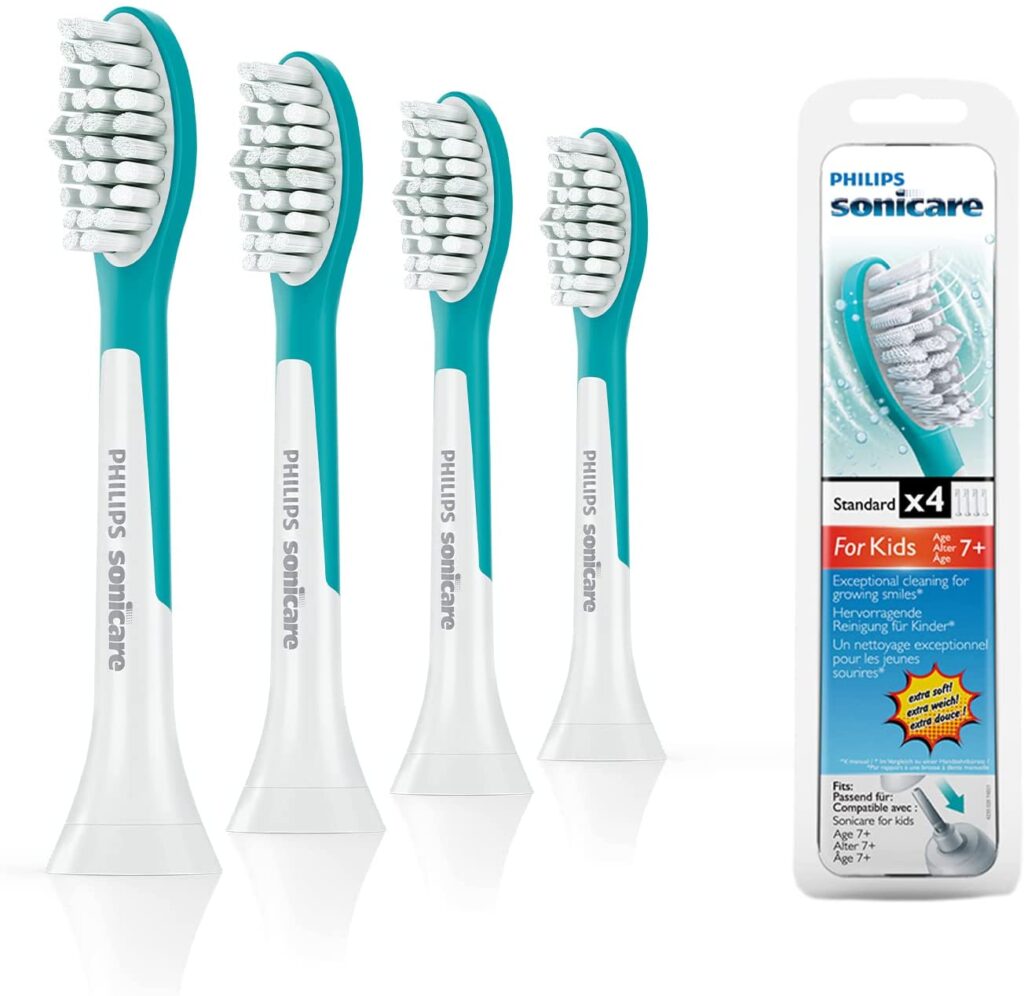 Philips Sonicare Original Aufsteckbürste Sonicare for Kids HX6044/33, ab 7 Jahren, weiche Borsten für eine behutsame Reinigung, 4er Pack, Weiss-türkis