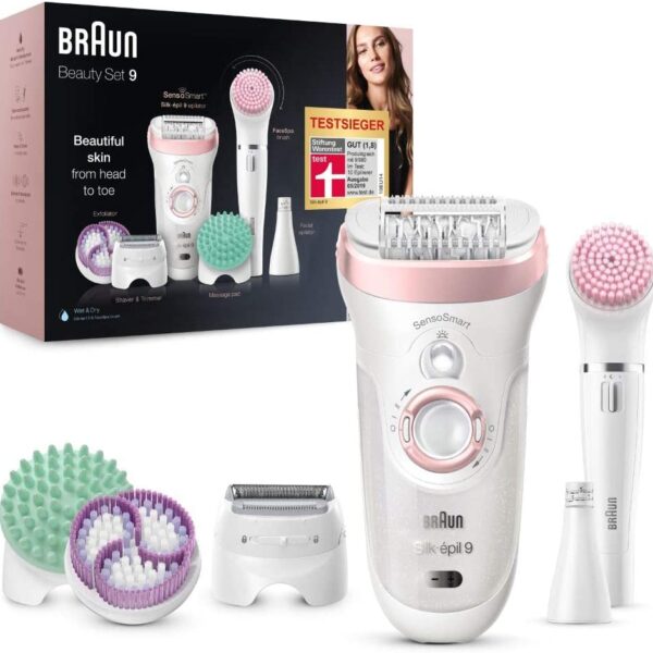 Braun Silk-épil 9 Beauty-Set, Epilierer Damen für Haarentfernung, FaceSpa Gesichtsepilierer, Aufsätze für Rasierer, Peeling, Reinigung Gesicht/Körper, Tasche, Geschenk für Frauen, 9-995, weiss/flamingo