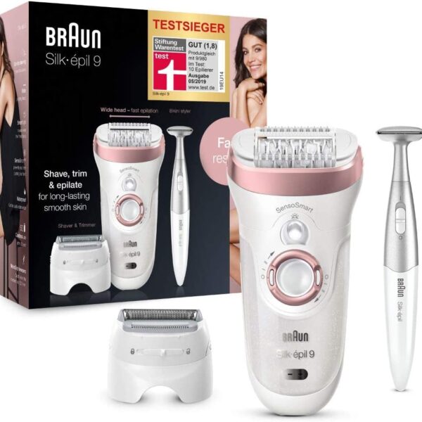 Braun Silk-épil 9 Beauty-Set, Epilierer Damen für Haarentfernung, Aufsätze für Rasierer und Massage für Körper, inkl. Bikinitrimmer, Tasche, Geschenk für Frauen, 9-890, rose/gold