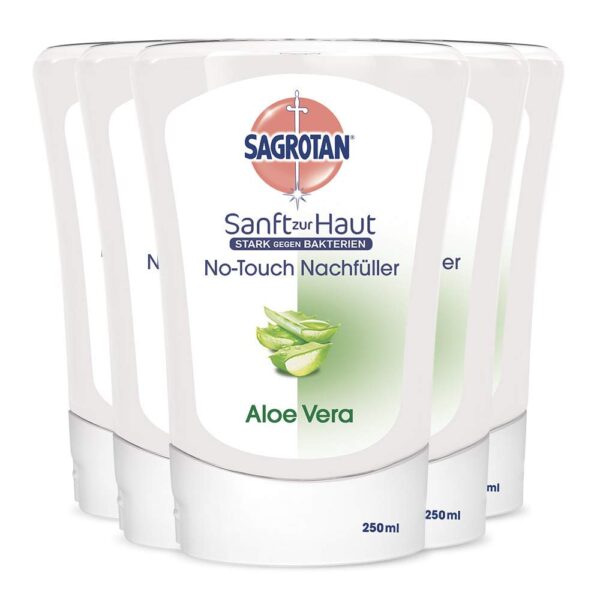 Sagrotan No-Touch Nachfüller Aloe Vera – für den automatischen Seifenspender – 5 x 250 ml Handseife im praktischen Vorteilspack