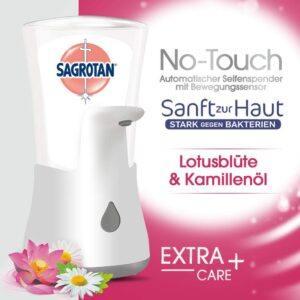 Sagrotan No-Touch Automatischer Seifenspender Weiss – Inkl. Sagrotan Nachfüller Lotusblüte & Kamillenöl – 1 x 250 ml Flüssigseife