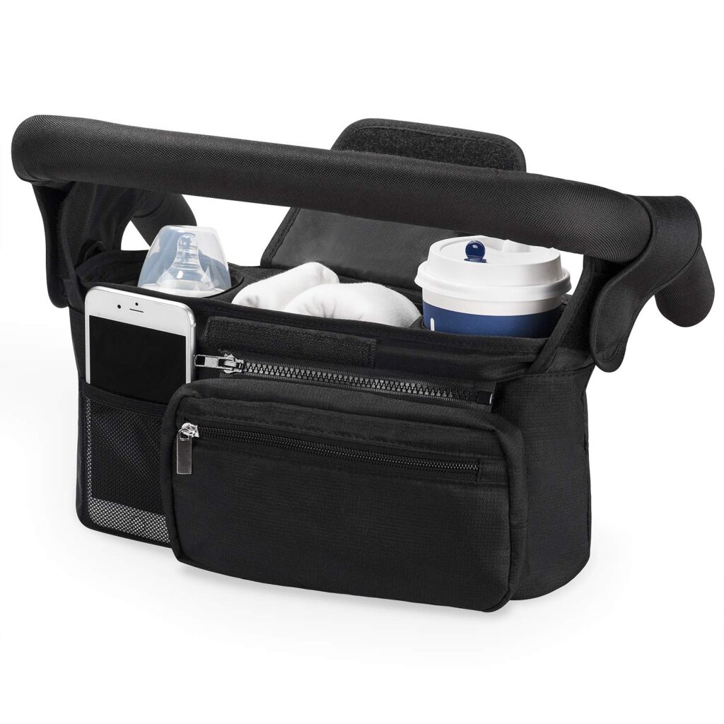 Kinderwagen Organizer Universal mit Isolierten Getränkehalter/Becherhalter, Momcozy Buggy Kinderwagentasche Baby Zubehör mit Reissverschlusstasche, Schultergurt und Stauraum für Windeln&Handys