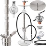DILAW® Saphir Shisha Edelstahl Silber V2A 93cm Hookah Big Size + LED Licht | Wasserpfeife Kaminkopf Komplettset Molassefänger mit 4 Anschlüssen Kopfadapter Silikonschlauch Alumundstück Tabakkopf