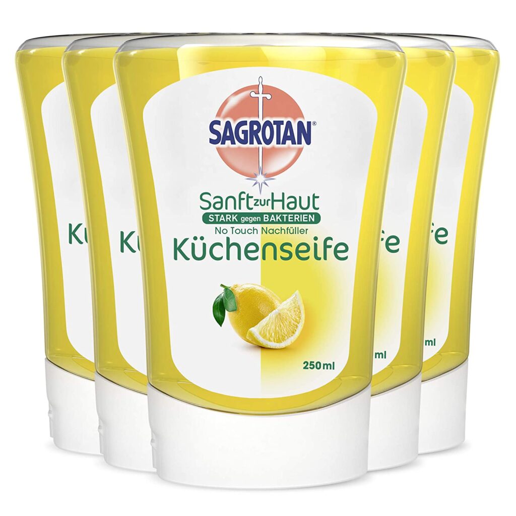 Sagrotan No-Touch Nachfüller Küchenseife Citrus – Für den automatischen Seifenspender – 5 x 250 ml Handseife im praktischen Vorteilspack