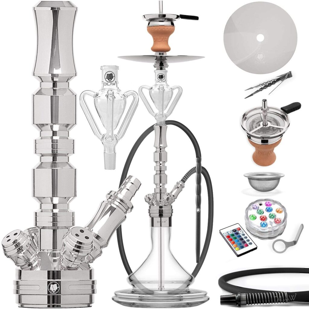 DILAW® TRIPHAN Shisha Edelstahl | Medium + Big size + LED Licht | Wasserpfeife Kaminkopf Komplettset Molassefänger Base Closed Chamber 4 Anschlüssen Silikonschlauch Alumundstück Tabakkopf