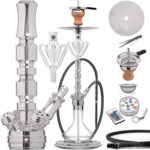 DILAW® TRIPHAN Shisha Edelstahl | Medium + Big size + LED Licht | Wasserpfeife Kaminkopf Komplettset Molassefänger Base Closed Chamber 4 Anschlüssen Silikonschlauch Alumundstück Tabakkopf