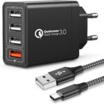 IWAVION Quick Charge 3.0 USB Ladegerät mit USB Type C Ladekabel, 30W QC 3.0 ladegeraet mit 4 Ports Schnellladegerät USB Netzteil für Samsung Galaxy S10/S9/S8/Note,LG V30,Huawei P20/P30,XiaoMi