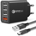 IWAVION Quick Charge 3.0 USB Ladegerät mit USB Type C Ladekabel, 30W QC 3.0 ladegeraet mit 4 Ports Schnellladegerät USB Netzteil für Samsung Galaxy S10/S9/S8/Note,LG V30,Huawei P20/P30,XiaoMi