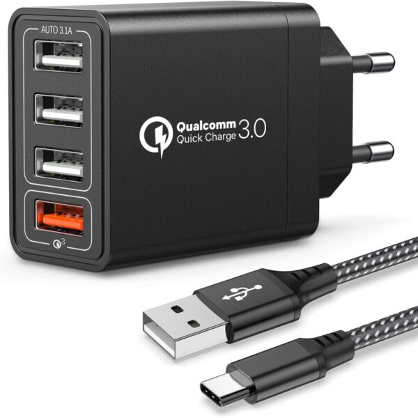 IWAVION Quick Charge 3.0 USB Ladegerät mit USB Type C Ladekabel, 30W QC 3.0 ladegeraet mit 4 Ports Schnellladegerät USB Netzteil für Samsung Galaxy S10/S9/S8/Note,LG V30,Huawei P20/P30,XiaoMi