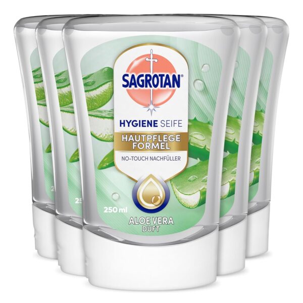 Sagrotan No-Touch Nachfüller Aloe Vera – für den automatischen Seifenspender – 5 x 250 ml Handseife im praktischen Vorteilspack