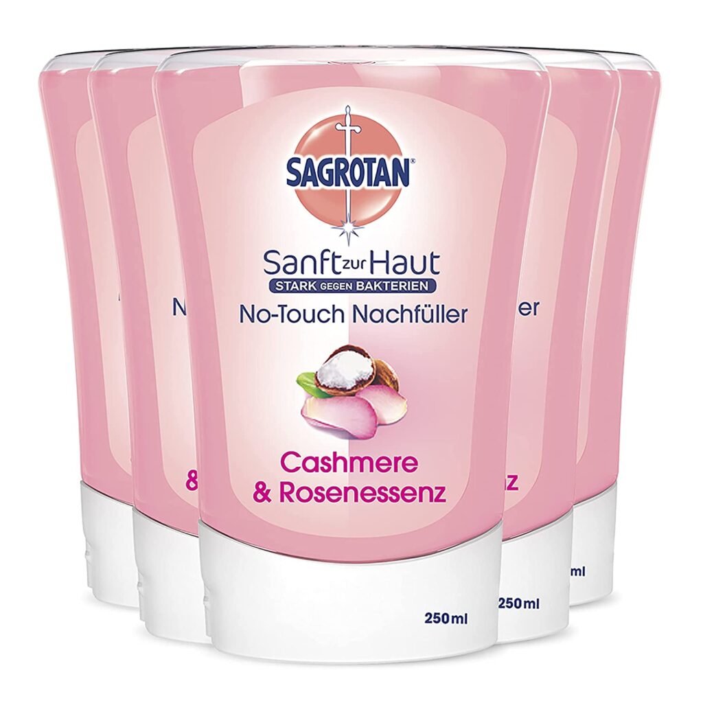 Sagrotan No-Touch Nachfüller Cashmere & Rose – für den automatischen Seifenspender – 5 x 250 ml Handseife im praktischen Vorteilspack