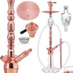 DILAW® Rubin Shisha Edelstahl Copper Black V2A 93cm Hookah Big Size + LED Licht | Wasserpfeife Kaminkopf Komplettset Molassefänger mit 4 Anschlüssen Kopfadapter Silikonschlauch Alumundstück