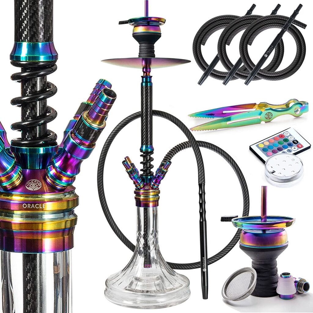 ORACLE HOOKAH® Carbon Shisha Set Edelstahl Wasserpfeife 70cm - mit Zubehör wie Schlauch Tonkopf Mundstück LED