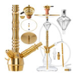 DILAW® Azur Shisha Edelstahl Gold V2A 75cm Hookah Medium + Glas Kohleteller | Wasserpfeife Kaminkopf Komplettset Molassefänger mit 3 Anschlüssen Kopfadapter Silikonschlauch Alumundstück Tabakkopf