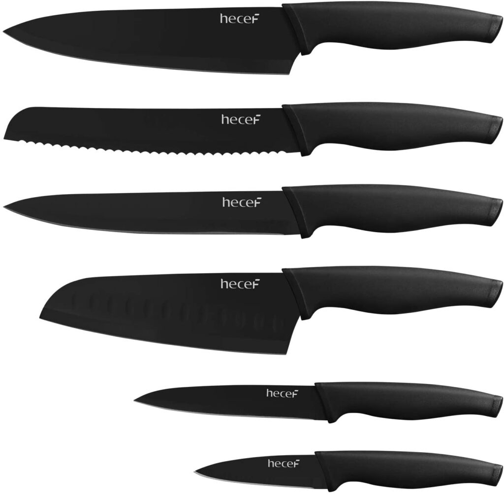 hecef Schwarz Oxid Messerset von 6 mit Passend Klinge Schützend Messerscheide,Schwarz Oxid Set mit Messer,Kratzen Beständig und Rostiger Beweis, Nicht -Stick Schwarz Farbe Beschichtung Klinge Messer