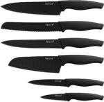 hecef Schwarz Oxid Messerset von 6 mit Passend Klinge Schützend Messerscheide,Schwarz Oxid Set mit Messer,Kratzen Beständig und Rostiger Beweis, Nicht -Stick Schwarz Farbe Beschichtung Klinge Messer