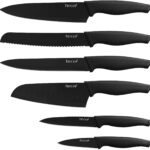 hecef Schwarz Oxid Messerset von 6 mit Passend Klinge Schützend Messerscheide,Schwarz Oxid Set mit Messer,Kratzen Beständig und Rostiger Beweis, Nicht -Stick Schwarz Farbe Beschichtung Klinge Messer