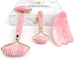 Rosenquarz-Massageroller mit Gua Sha-Schaber, Mini-Augenroller - Jadewalze - Gesichtsmassagegerät 100% Naturstein - Gesichtsset, Dermaroller für Gesicht, Augen, Hals | Ausgleichen, Straffen, Massage