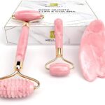 Rosenquarz-Massageroller mit Gua Sha-Schaber, Mini-Augenroller - Jadewalze - Gesichtsmassagegerät 100% Naturstein - Gesichtsset, Dermaroller für Gesicht, Augen, Hals | Ausgleichen, Straffen, Massage