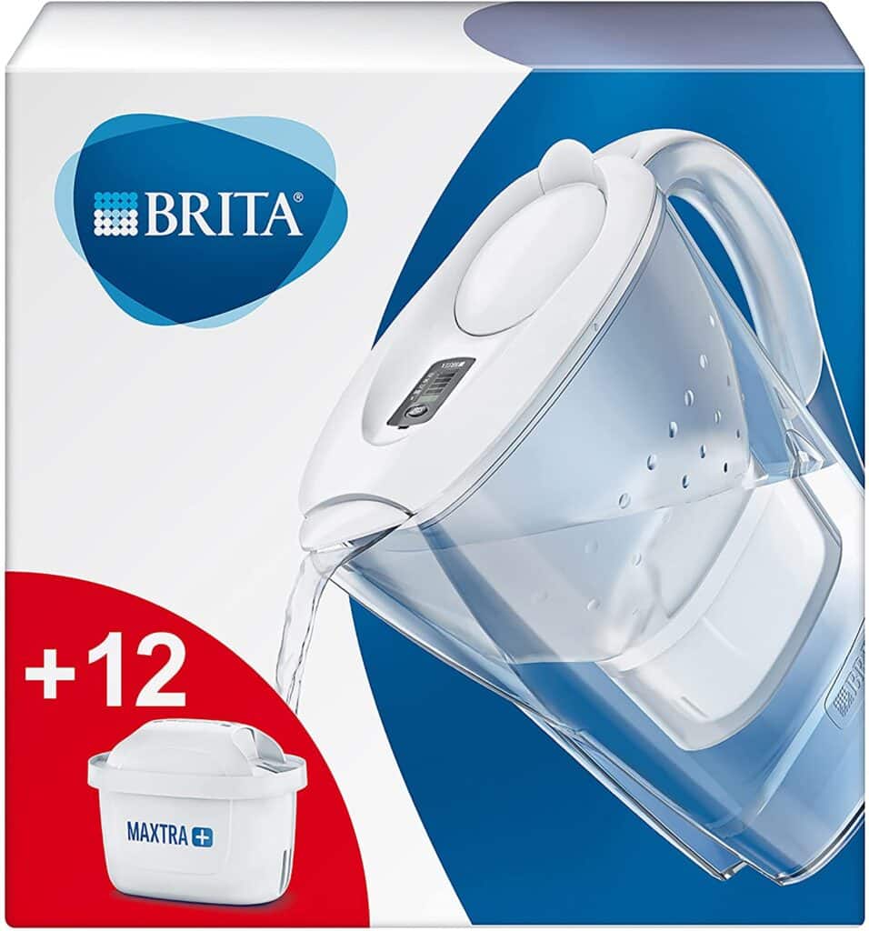 BRITA Wasserfilter Marella weiss inkl. 12 MAXTRA+ Filterkartuschen – BRITA Filter Starterpaket zur Reduzierung von Kalk, Chlor, Blei, Kupfer & geschmacksstörenden Stoffen im Wasser