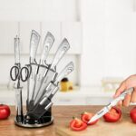 Velaze Küchenmesser Set, Messerblock mit Messer Set, Messerset 8-teilig, inkl. Kochmesser Fleischmesser Brotmesser Küchenschere & Wetzstahl, Ergonomischer Griff, Extra Scharf & Rostfrei – Bild 5