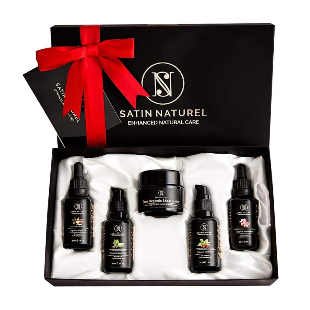 Luxuriöse BIO Geschenke für Frauen 5x30 ml – Geschenkset Frauen mit Sheabutter + Jojobaöl + Arganöl + Mandelöl + Rizinusöl - Vegan & Made in Germany Satin Naturel