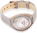 Swarovski Crystalline Aura Uhr, Damenuhr mit Rosé Vergoldetem Gehäuse, Silbernem Zifferblatt, Swarovski Kristallen und Taupefarbenem Lederarmband – Bild 3