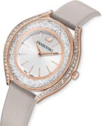 Swarovski Crystalline Aura Uhr, Damenuhr mit Rosé Vergoldetem Gehäuse, Silbernem Zifferblatt, Swarovski Kristallen und Taupefarbenem Lederarmband – Bild 4