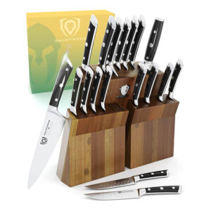 DALSTRONG Knife Set Block - 18 Pc - Gladiator Series - Colossal Knife Set - German HC Steel - Acacia Wood Stand - Black Handles - NSF Certified